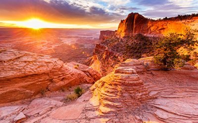 Canyonlands National Park, 4k, sunset, desert, canyon, Utah, USA, american landmarks, America, beautiful nature