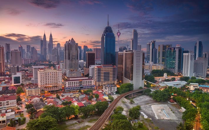 Kuala Lumpur, noite, p&#244;r do sol, arranha-c&#233;us, metr&#243;pole, edif&#237;cios modernos, paisagem urbana, Mal&#225;sia