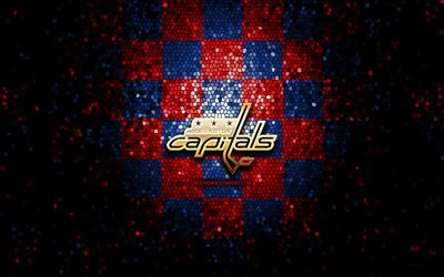 Washington Capitals, glitter logotyp, NHL, blå röd rutig bakgrund, USA, amerikansk ishockey, Washington Capitals logotyp, mosaik konst, hockey, Amerika