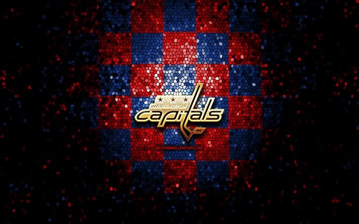 Washington Capitals, glitter logotyp, NHL, bl&#229; r&#246;d rutig bakgrund, USA, amerikansk ishockey, Washington Capitals logotyp, mosaik konst, hockey, Amerika