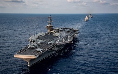 USS Theodore Roosevelt, CVN-71, American aircraft carrier, US Air Force, nuclear aircraft carrier, seascape, sunset, warships, USA