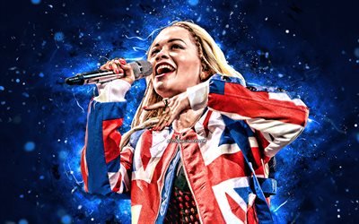 Rita Ora, 4k, blue neon lights, british singer, music stars, creative, Rita Sahatciu Ora, british celebrity, superstars, Rita Ora 4K