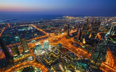 view from Burj Khalifa, Dubai, UAE, evening, sunset, Persian Gulf, Dubai cityscape, United Arab Emirates