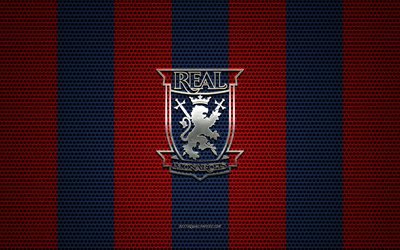 Real Monarchs FC logo, American soccer club, metal emblem, red-black metal mesh background, Real Monarchs FC, USL, Sandy, Utah, USA, soccer