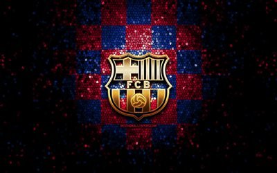 FC Barcelona, glitter logotyp, Ligan, bl&#229; lila rutig bakgrund, fotboll, spansk fotbollsklubb, Barcelona logo, mosaik konst, LaLiga, Spanien, FCB