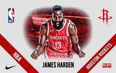 James Harden, Houston Rockets, American Basketball Player, NBA, portrait, USA, basketball, Toyota Center, Houston Rockets logo