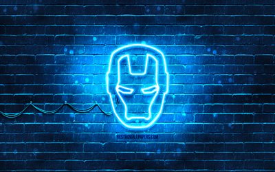 Logotipo azul do Homem de Ferro, 4k, parede de tijolos azul, logotipo do IronMan, Homem de Ferro, super-heróis, logotipo de néon do IronMan, logotipo do Homem de Ferro, IronMan