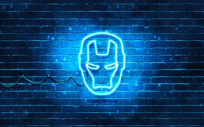 Logo blu di Iron Man, 4k, muro di mattoni blu, logo di IronMan, Iron Man, supereroi, logo al neon di IronMan, logo di Iron Man, IronMan