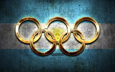 Argentinian olympic team, golden olympic rings, Argentina at the Olympics, creative, Argentinian flag, metal background, Argentina Olympic Team, flag of Argentina