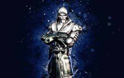 Doctor Doom in lamina d&#39;argento, 4k, luci al neon blu, Fortnite Battle Royale, personaggi di Fortnite, Skin Doctor Doom in lamina d&#39;argento, Fortnite