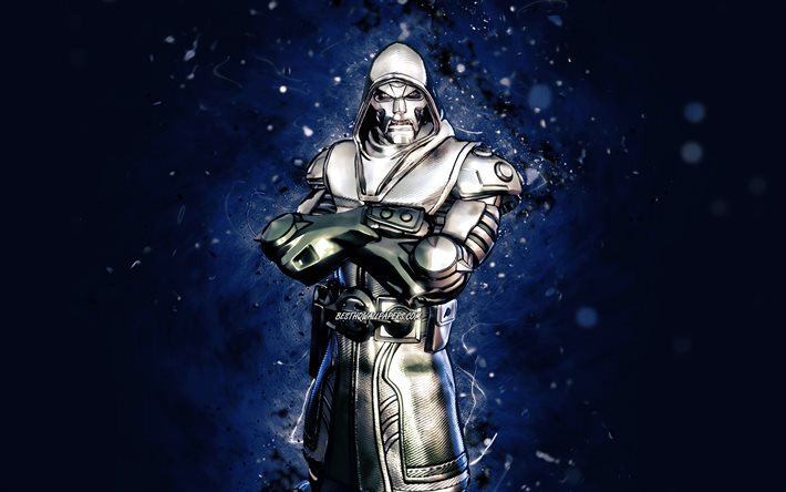 Silver Foil Doctor Doom, 4k, luzes de n&#233;on azuis, Fortnite Battle Royale, Personagens Fortnite, Silver Foil Doctor Doom Skin, Fortnite, Silver Foil Doctor Doom Fortnite