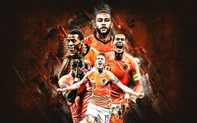 L&#39;&#233;quipe nationale de football des Pays-Bas, fond de pierre orange, Pays-Bas, football, Memphis Depay, Virgil van Dijk, Frenkie de Jong