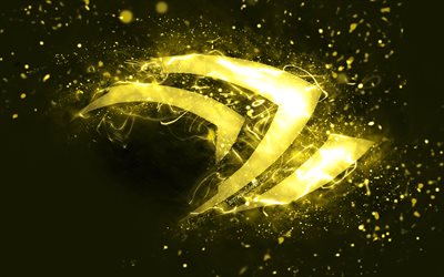 Nvidia sarı logosu, 4k, sarı neon ışıklar, yaratıcı, sarı arka plan, Nvidia logosu, markalar, Nvidia