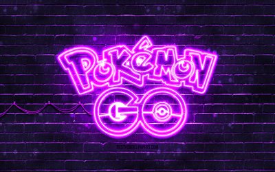 Emblema viola di Pokemon Go, 4k, brickwall viola, emblema di Pokemon Go, marchi di giochi, emblema al neon di Pokemon Go, Pokemon Go