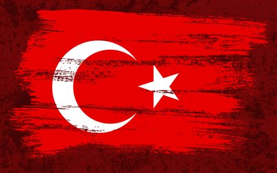 4k, Turkiets flagga, europeiska l&#228;nder, nationella symboler, penseldrag, turkisk flagga, grungekonst, Europa, Turkiet