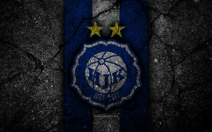 4k, HJK FC, logo, Veikkausliiga, grunge, Finnish Premier Division, emblem, Finland, HJK Helsinki, black stone, football, asphalt texture, FC HJK