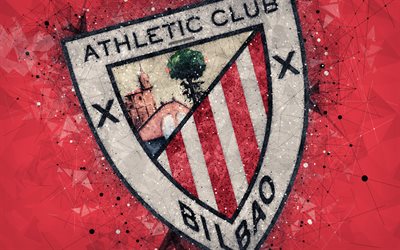 競技ビルバオのFC, 4k, 創作のロゴ, スペインサッカークラブ, ビルバオ, スペイン, 幾何学的な美術, 赤抽象的背景, LaLiga, サッカー, エンブレム