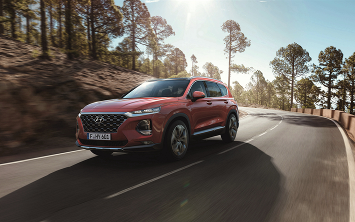 Hyundai Santa Fe, 2019, red crossover, exterior, front view, new red Santa Fe, Korean cars, Hyundai