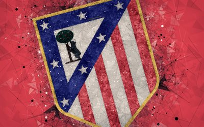 Atletico Madrid FC, 4k, creative logo, Spanish football club, Madrid, Spain, geometric art, red abstract background, LaLiga, football, emblem