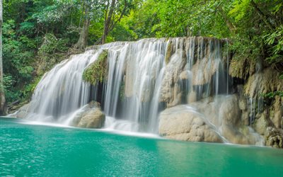 beautiful waterfall, jungle, rainforest, Thailand, river, blue green water, turquoise