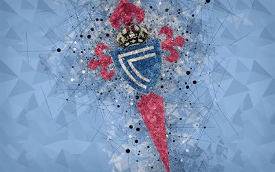 Celta de Vigo, RC Celta, 4k, criativo logotipo, Clube de futebol espanhol, Vigo, Espanha, arte geom&#233;trica, azul resumo de plano de fundo, LaLiga, futebol, emblema
