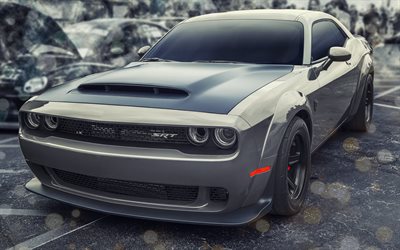 Dodge Challenger SRT Demon, 2018, exterior, front view, tuning, new gray Challenger, American sports cars, Dodge