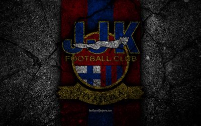 4k, JJK Jyvaskyla FC, logo, Veikkausliiga, grunge, Fince Premier Division, amblem, Finlandiya, Jyvaskyla JJK, siyah taş, futbol, asfalt doku, FC JJK Jyvaskyla