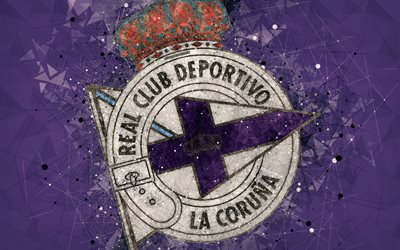 Deportivo de La Coruna, RC Deportivo, 4k, creative logo, Spanish football club, La Coru&#241;a, Spain, geometric art, purple abstract background, LaLiga, football, emblem