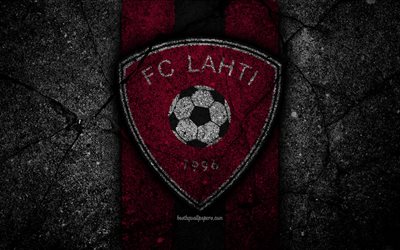 4k, Lahti FC, logo, Veikkausliiga, grunge, Finnish Premier Division, emblem, Finland, Lahti, black stone, football, asphalt texture, FC Lahti