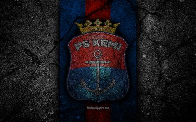 4k, Palloseura Kemi Kings FC, logo, Veikkausliiga, grunge, Finnish Premier Division, emblem, Finland, Palloseura Kemi Kings, black stone, football, asphalt texture, FC Palloseura Kemi Kings