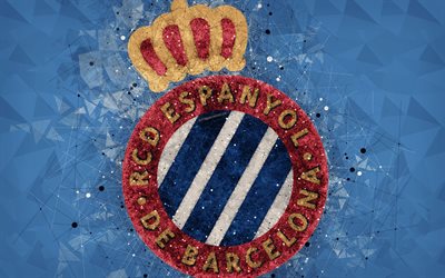 RCD Espanyol, 4k, kreativa logotyp, Spansk fotbollsklubb, Barcelona, Spanien, geometriska art, bl&#229; abstrakt bakgrund, LaLiga, fotboll, emblem, Spanska FC