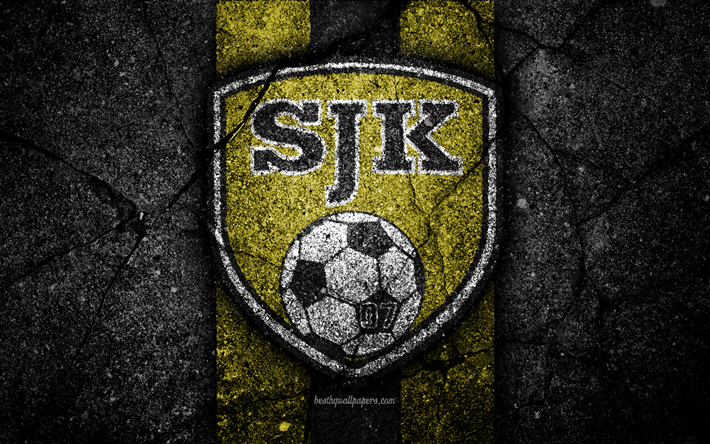 4k, SJK FC, logo, Veikkausliiga, grunge, Finland&#234;s Premier Divis&#227;o, emblema, Finl&#226;ndia, SJK, pedra preta, futebol, a textura do asfalto, FC SJK