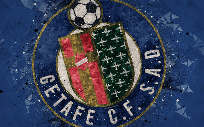 خيتافي CF, 4k, شعار مبدعين, الاسباني لكرة القدم, خيتافي, إسبانيا, الهندسية الفنية, الزرقاء مجردة خلفية, الليغا, كرة القدم, شعار, خيتافي FC