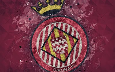 ジローナFC, 4k, 創作のロゴ, スペインサッカークラブ, ジローナ, スペイン, 幾何学的な美術, 赤抽象的背景, LaLiga, サッカー, エンブレム