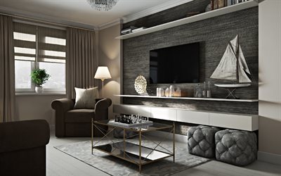 moderno e elegante sala de estar interior, cinzento estilo, design moderno, xadrez, criativo pequena mesa, sala de estar