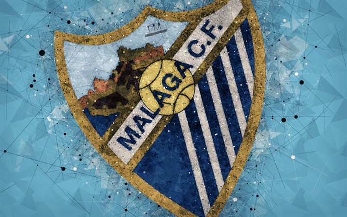 Malaga CF, 4k, شعار مبدعين, الاسباني لكرة القدم, ملقة, إسبانيا, الهندسية الفنية, الزرقاء مجردة خلفية, الليغا, كرة القدم, شعار, نادي ملقة