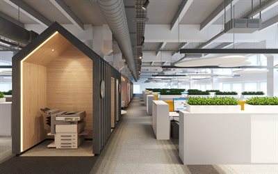 内装のモダンなオフィス, 事務所スペース, 事務所, ミニマリズムにおけるメディウム, 現代のデザイナーズシェアハウス, OpenSpace