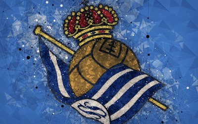 ريال سوسيداد FC, 4k, شعار مبدعين, الاسباني لكرة القدم, سان سيباستيان, إسبانيا, الهندسية الفنية, الزرقاء مجردة خلفية, الليغا, كرة القدم, شعار