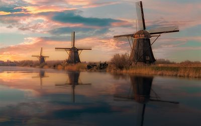 old wooden mill, sunset, evening, Holland, river, Netherlands