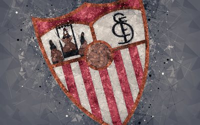 Sevilla FC, 4k, شعار مبدعين, الاسباني لكرة القدم, اشبيلية, إسبانيا, الهندسية الفنية, الرمادي الملخص الخلفية, الليغا, كرة القدم, شعار