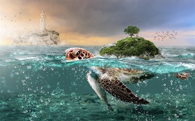 4k, tortoise, sea, island, ocean, underwater world, creative, 3d art