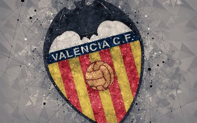 Valencia CF, 4k, sanat, yaratıcı logo, İspanyol Futbol Kul&#252;b&#252; Valencia, İspanya, geometrik sanat, soyut gri arka plan, LaLiga, futbol, amblem
