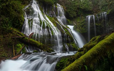 beautiful high waterfall, green moss, rock, mountain landscape, waterfall, USA