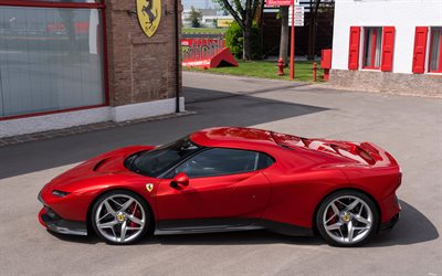 Ferrari SP38, 2018, side view, red supercar, exterior, luxury sports cars, Italian cars, Ferrari