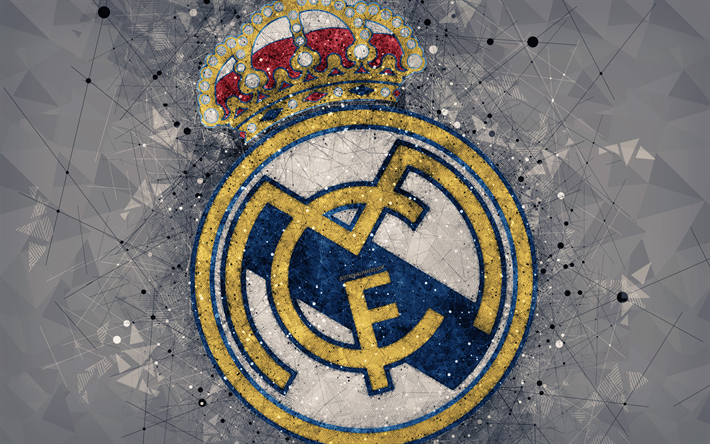 Real Madrid CF, 4k, luova logo, Espanjan football club, Madrid, Espanja, geometrinen taide, valkoinen abstrakti tausta, LaLiga, jalkapallo, tunnus, FC Real Madrid