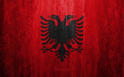 Flaggan i Albanien, 4k, sten bakgrund, grunge flagga, Europa, Albaniens flagga, grunge konst, nationella symboler, Albanien, sten struktur