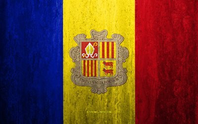 Flaggan i Andorra, 4k, sten bakgrund, grunge flagga, Europa, Andorra flagga, grunge konst, nationella symboler, Andorra, sten struktur