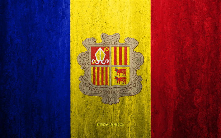 Flaggan i Andorra, 4k, sten bakgrund, grunge flagga, Europa, Andorra flagga, grunge konst, nationella symboler, Andorra, sten struktur