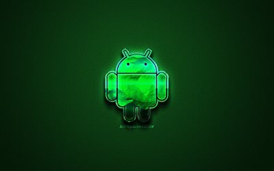Android green logo, robot logo, creative green art, metal logo, Android, dark green background