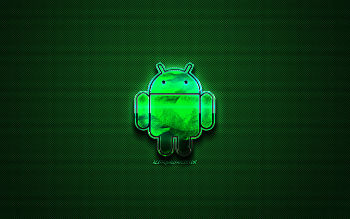 Android yeşil logo, robot logo, yaratıcı yeşil sanat, metal logo, Android, koyu yeşil arka plan